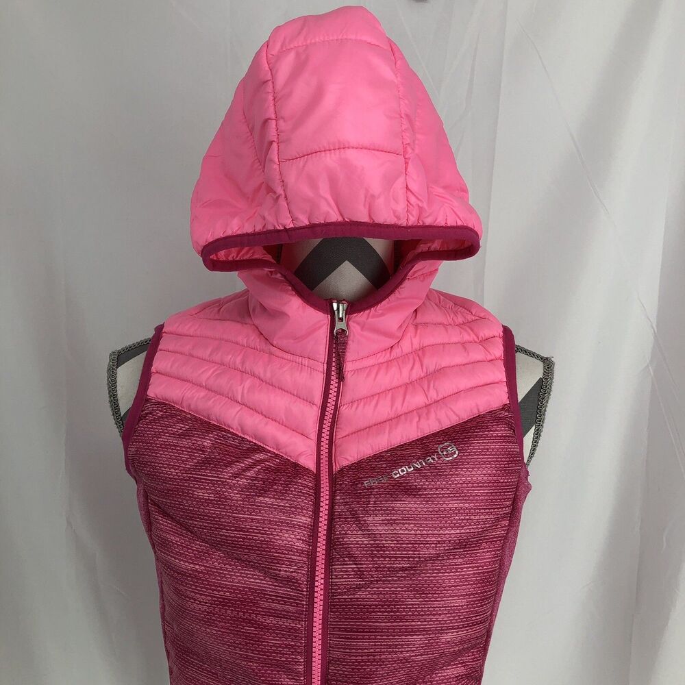 Free Country Girls Power Down Full Zip Hooded Puffer Vest Pink Large 14/16